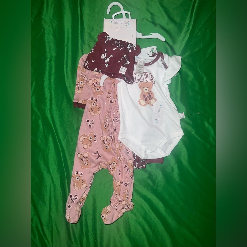 Miniville Bear Print Kids Footie Set - Pink and White 6-9 Months